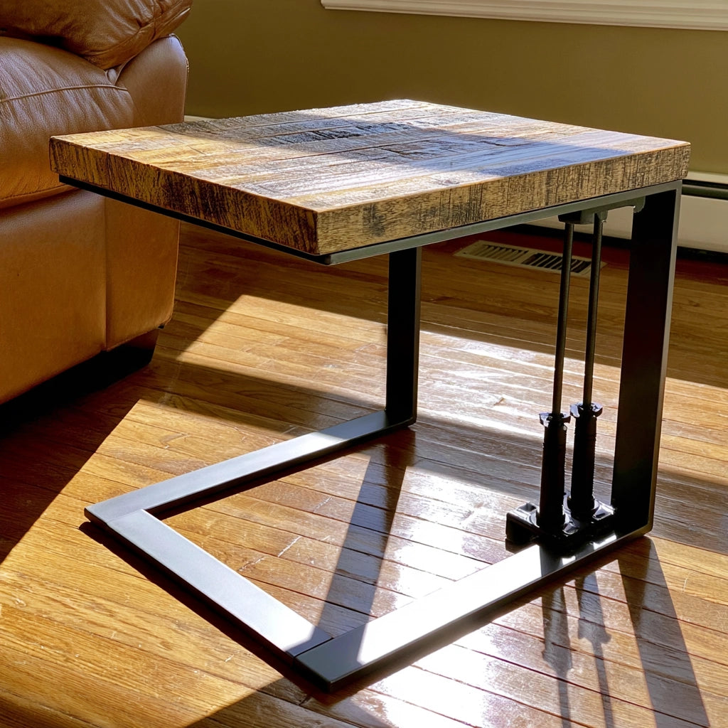 Zenoakstudio gray C-shaped side table with industrial design, ideal for living room or home decor.