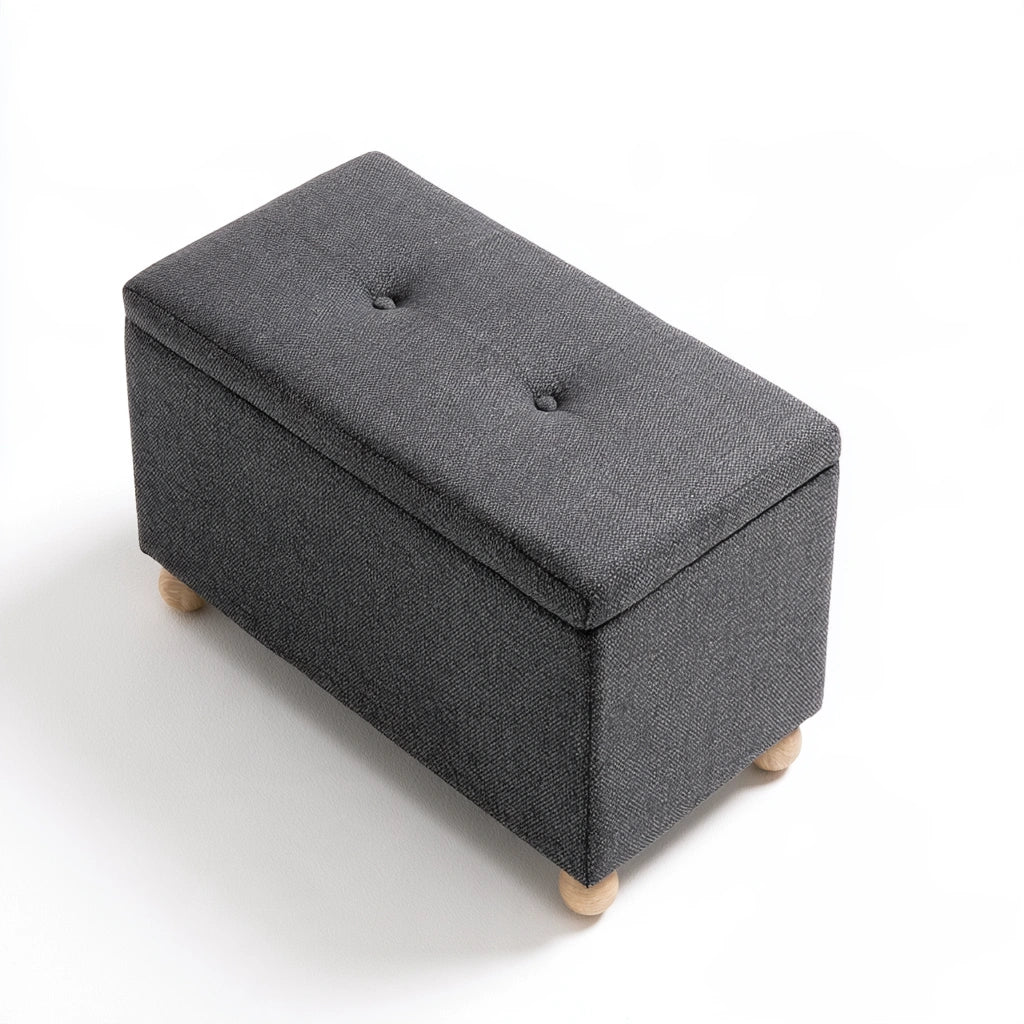 Grey Zenoakstudio storage bench with cuboid design, high-angle view showing smooth surface and practical seating for living room.