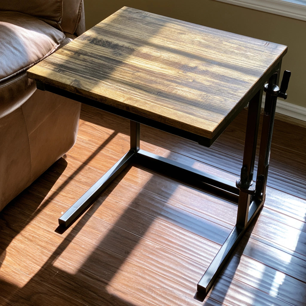 Zenoakstudio C-shaped gray side table with industrial design, ideal for living room or home decor.