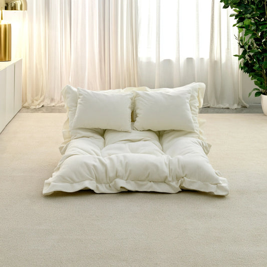 Zenoakstudio two-seater velvet sofa in cream color with textured corduroy fabric in a cozy living room setting