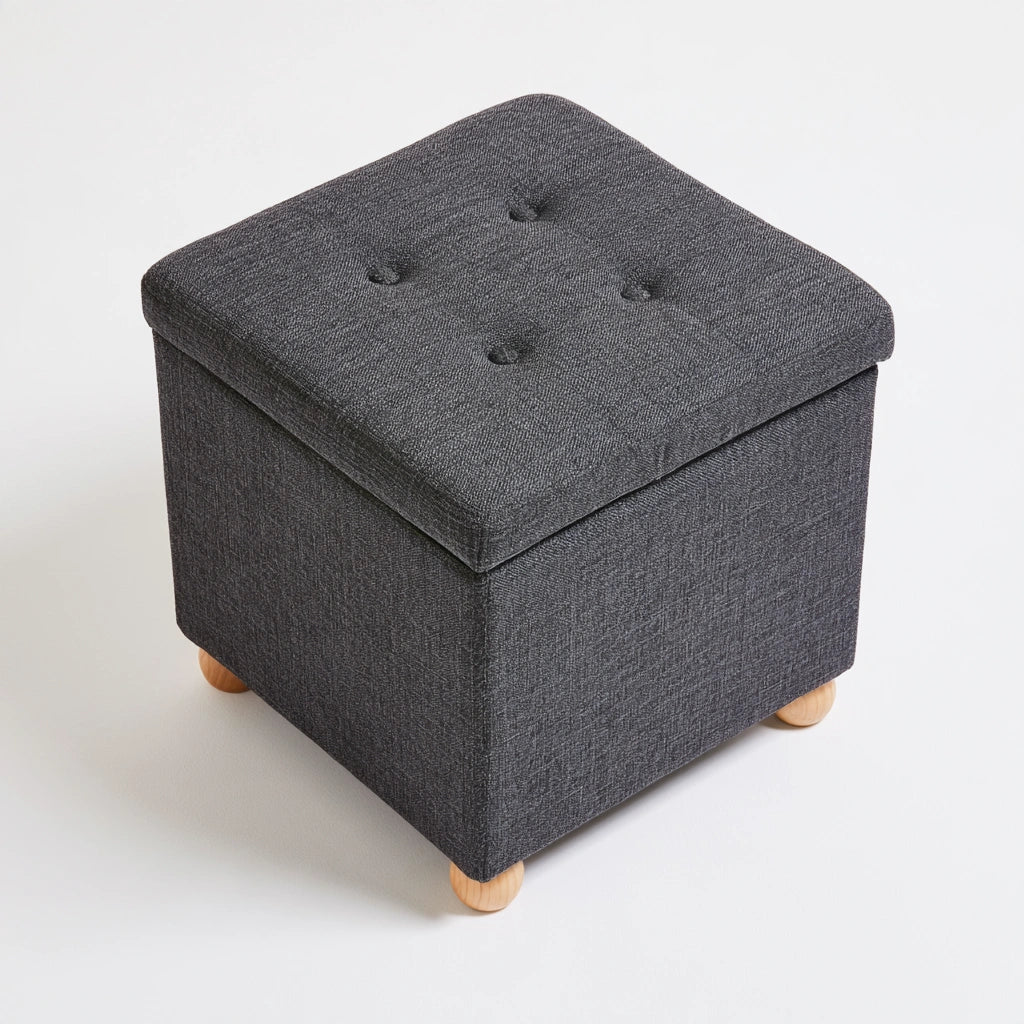Gray Zenoakstudio storage bench with cuboid design, high-angle view, suitable for living room or garden seating.