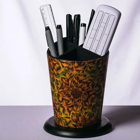 Gray modular rotating desk organizer with a cylindrical design and a rotating base, ideal for home and office storage.