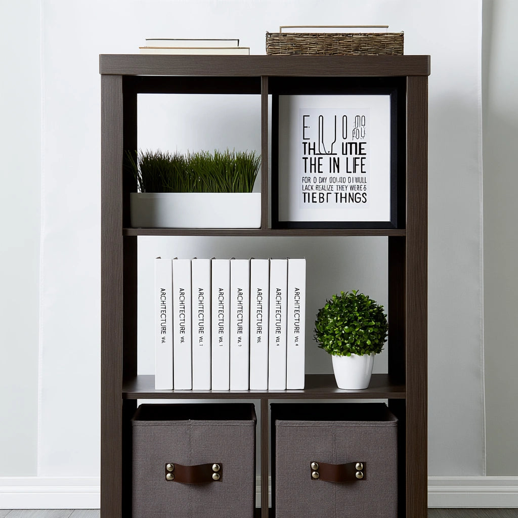 Dark brown wooden bookshelf with three open compartments, ideal for home storage and display in living rooms or offices.