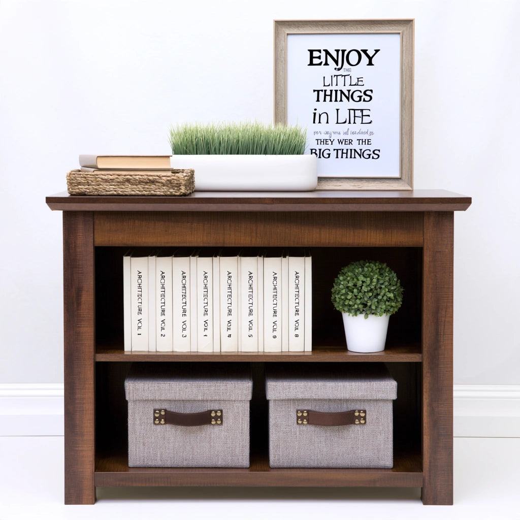 Dark brown wood bookshelf with three open compartments, from Zenoakstudio, perfect for home and garden storage and decor.