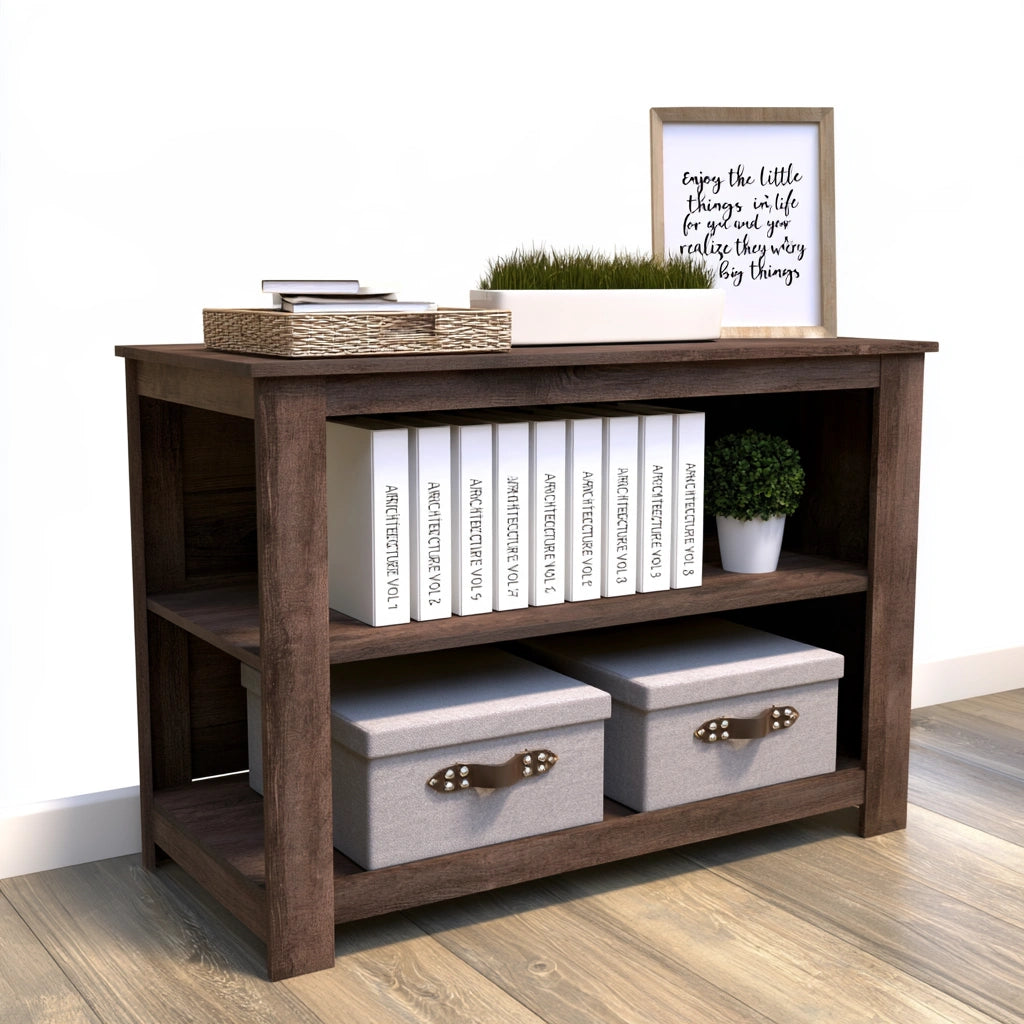 Dark brown wooden bookshelf with three open compartments, ideal for home or garden storage, by ZenoakStudio.