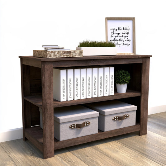 Dark brown wooden bookshelf with three open compartments, ideal for home or garden storage, by ZenoakStudio.